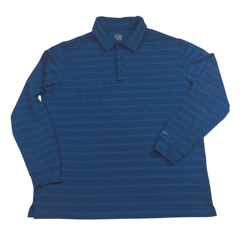 Slazenger Mens XL Blue Striped Long Sleeve Polo Shirt Golf Performance RN104141